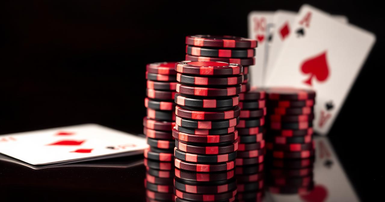 Stapels rode en zwarte casino-chips met een opgespreide kaartenwaaier
