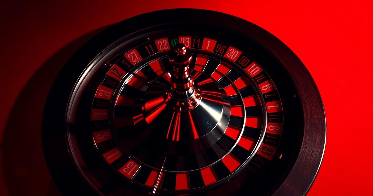 Roulettewiel onder dramatisch rood licht op een donkere casino-tafel
