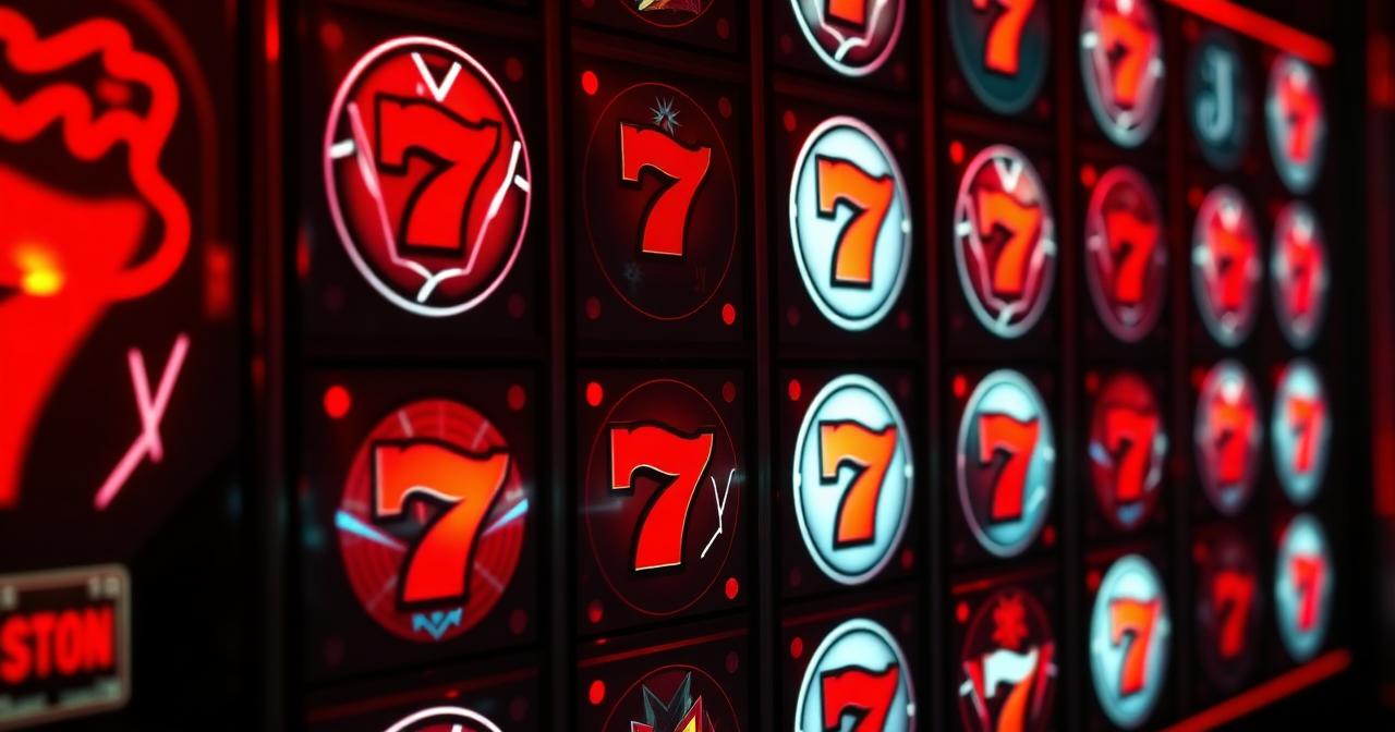 Een wand vol slot reels met rode en zilveren symbolen in dramatische rode belichting
